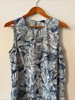 Anne Klein Navy & White Leaf Sleeveless Dress Linen Blend Beach Coastal Style